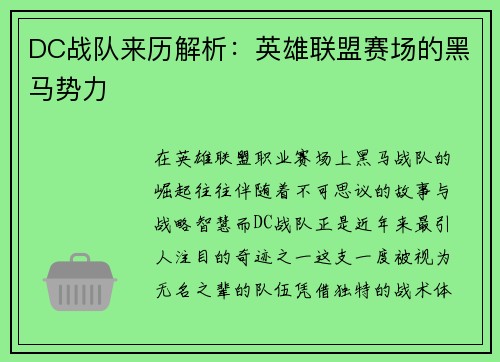 DC战队来历解析：英雄联盟赛场的黑马势力